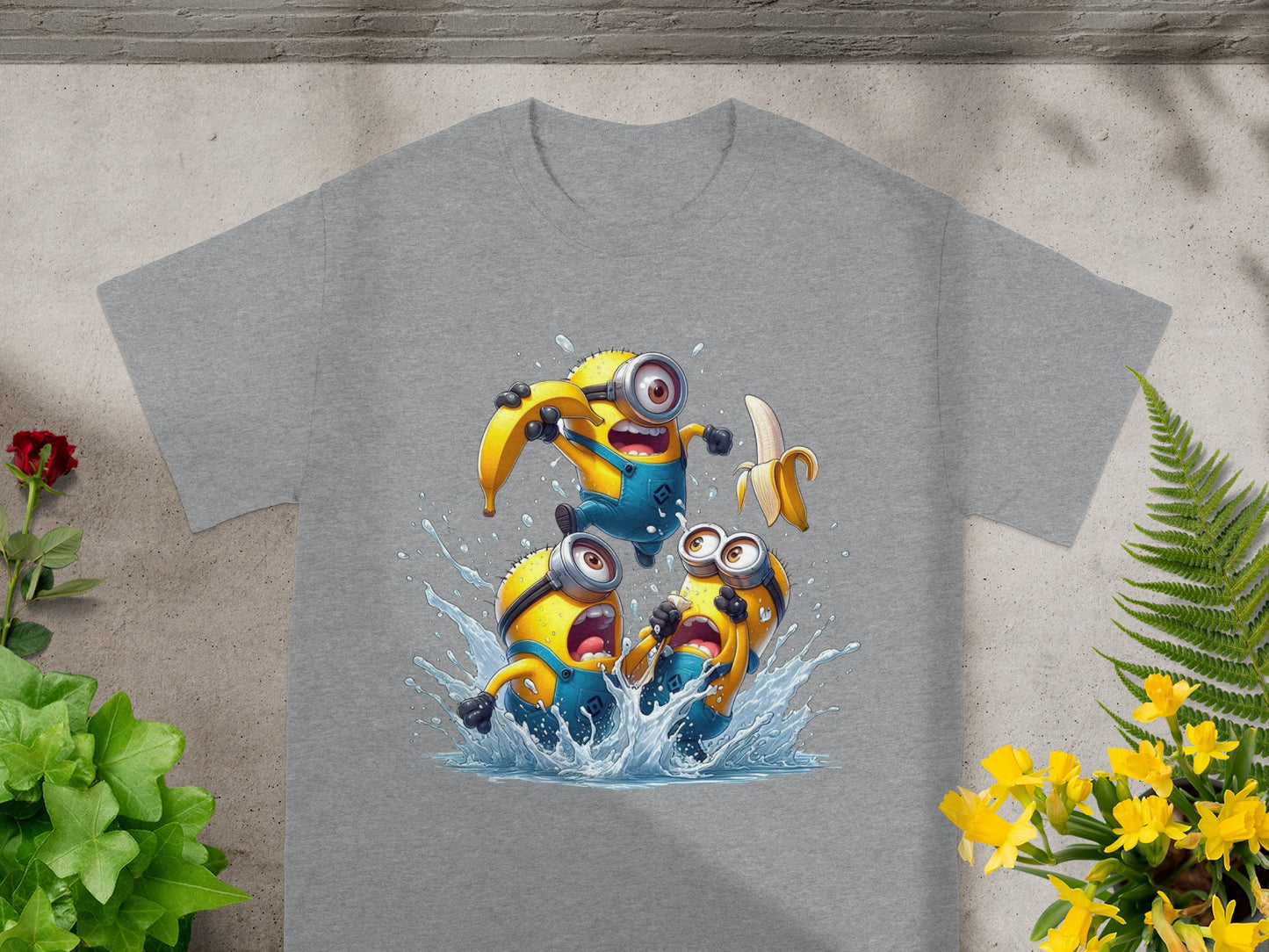 Three Minions characters splashing in water with bananas.