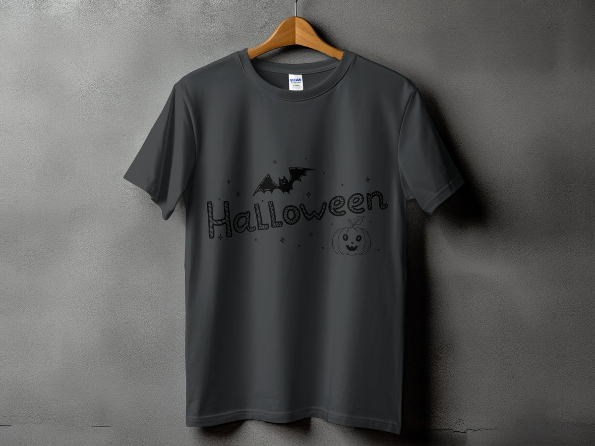 Dark gray t-shirt with "Halloween" text, a bat, and a pumpkin graphic.