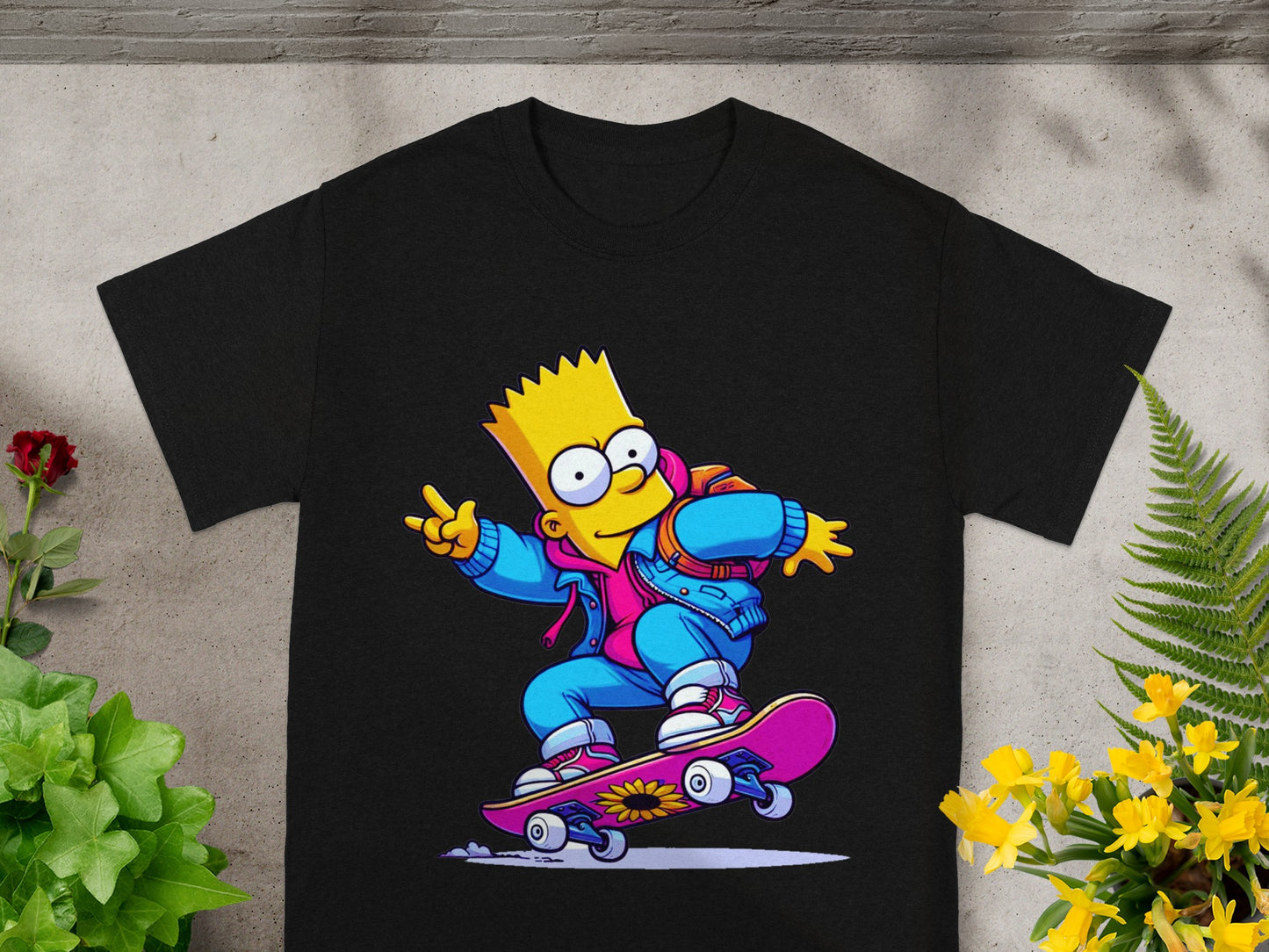 Bart Simpson wearing a blue jacket and pink shorts riding a skateboard.