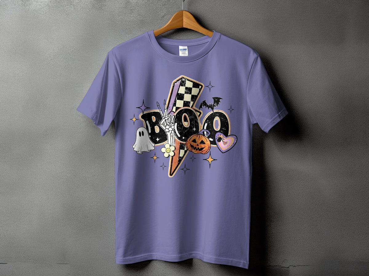 Purple t-shirt with "BOO" in distressed letters and Halloween graphics.