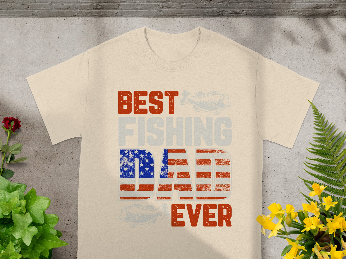 Cream t-shirt with "BEST FISHING DAD EVER" text and American flag design.