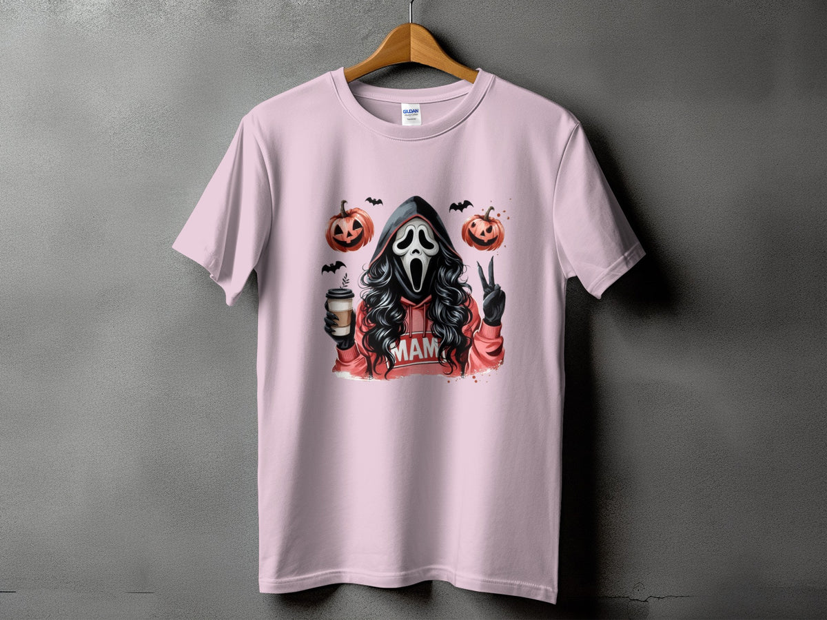 Pink t-shirt with ghost face, pumpkins, bats, coffee cup, and "MAM" text.
