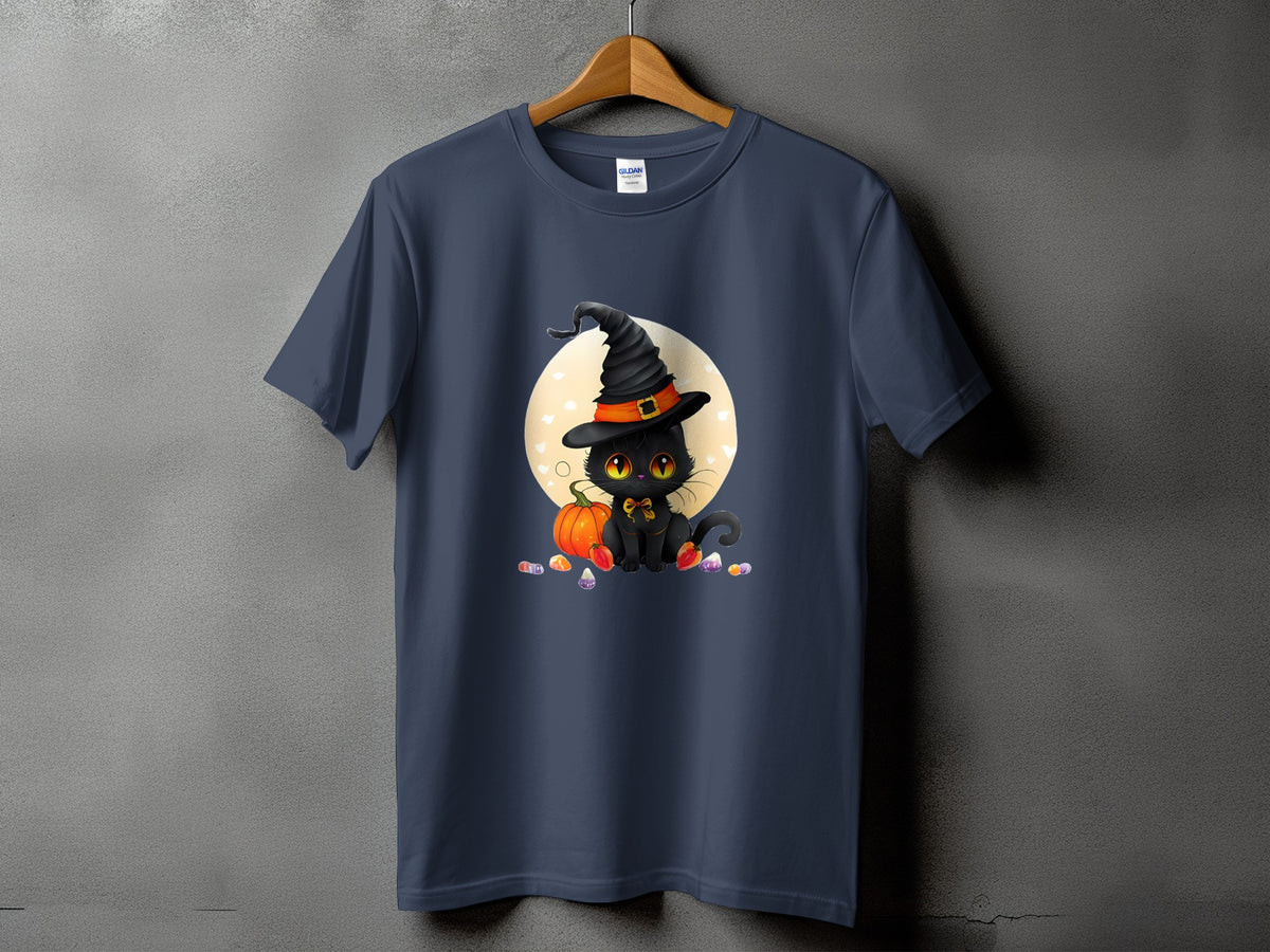 Black cat in witch hat with pumpkin and candy, Halloween graphic.