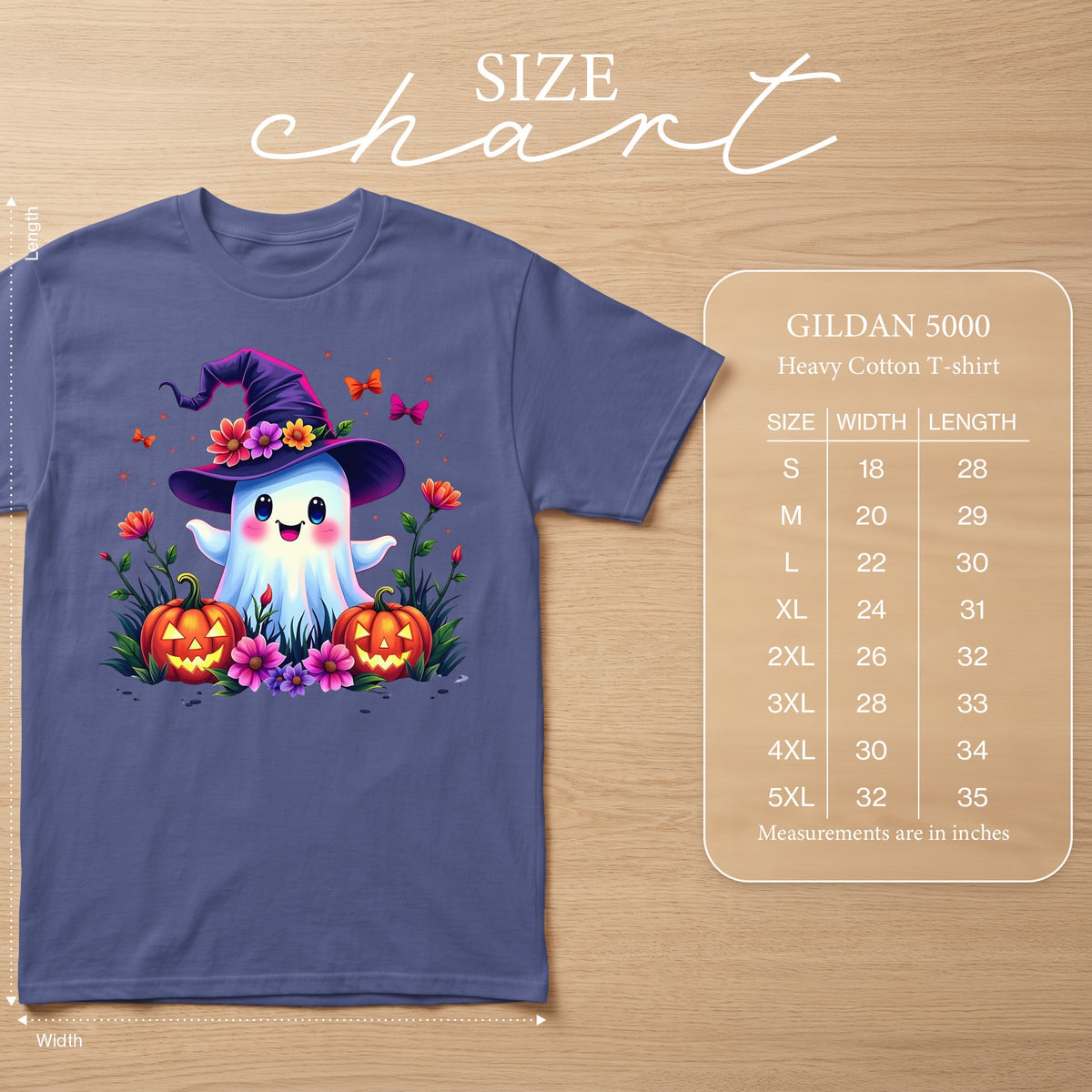 Purple t-shirt with a cute ghost wearing a witch hat, pumpkins, and flowers. Includes size chart.