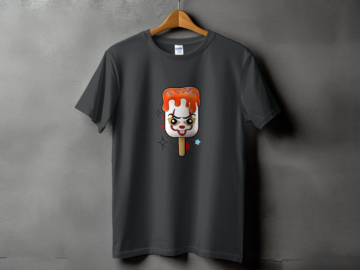 Dark grey t-shirt with a creepy clown popsicle graphic and red drips.