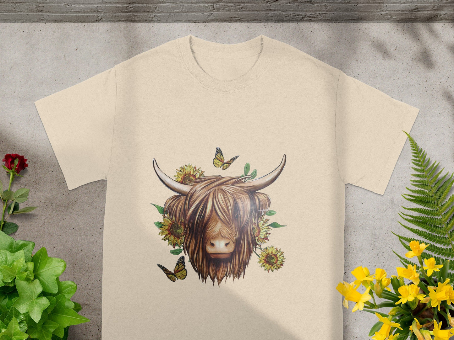 Highland Cow with Sunflowers and Butterflies T-shirt