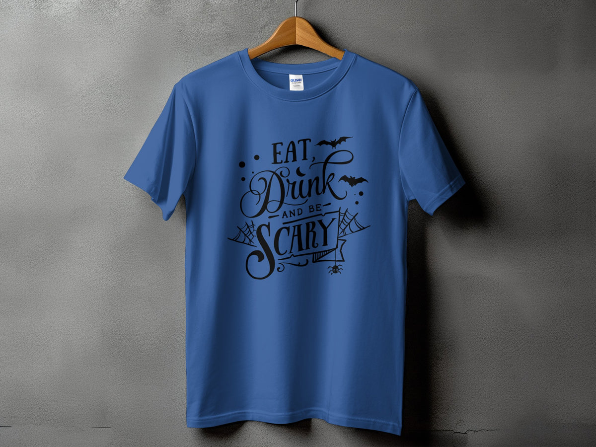 Blue t-shirt with "Eat, Drink and be Scary" Halloween text and bats.