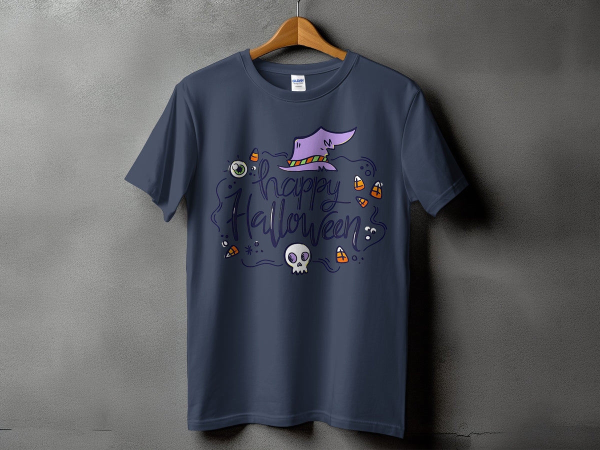 Dark blue t-shirt with "Happy Halloween" text, witch hat, skull, and candy corn.