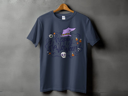 Dark blue t-shirt with "Happy Halloween" text, witch hat, skull, and candy corn.