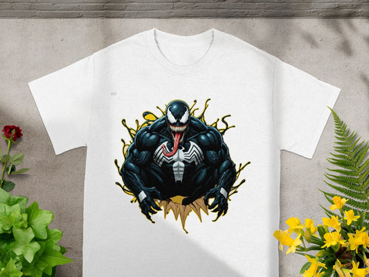 White t-shirt with Venom illustration, breaking through a yellow splash.