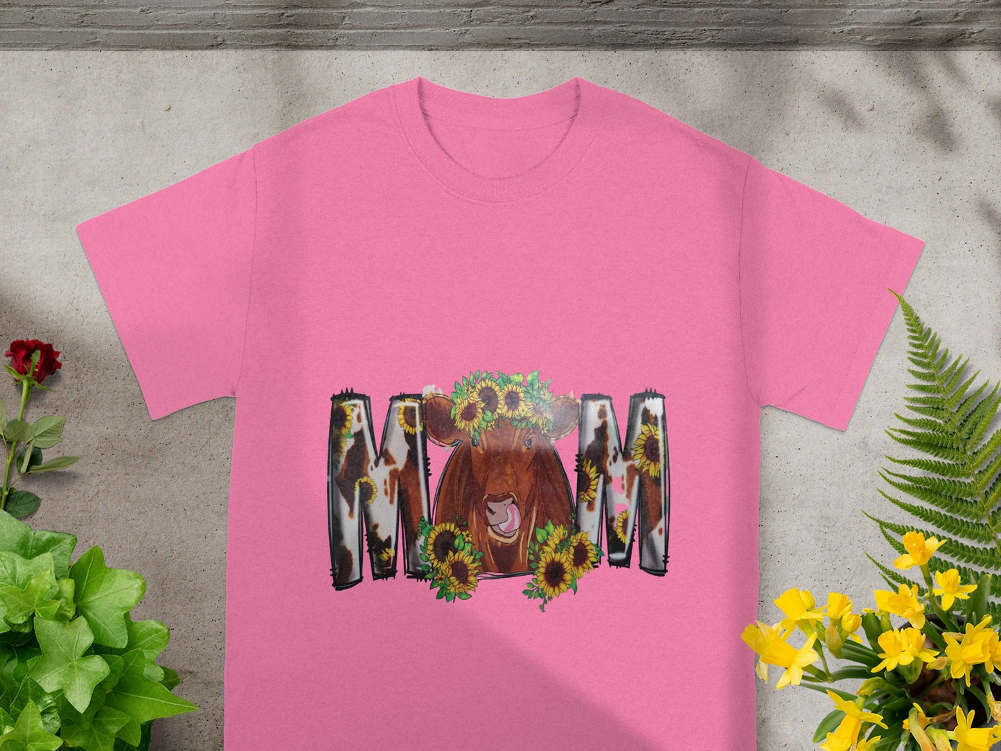Pink Mom Theme T-Shirt with Sunflower and Cow Design