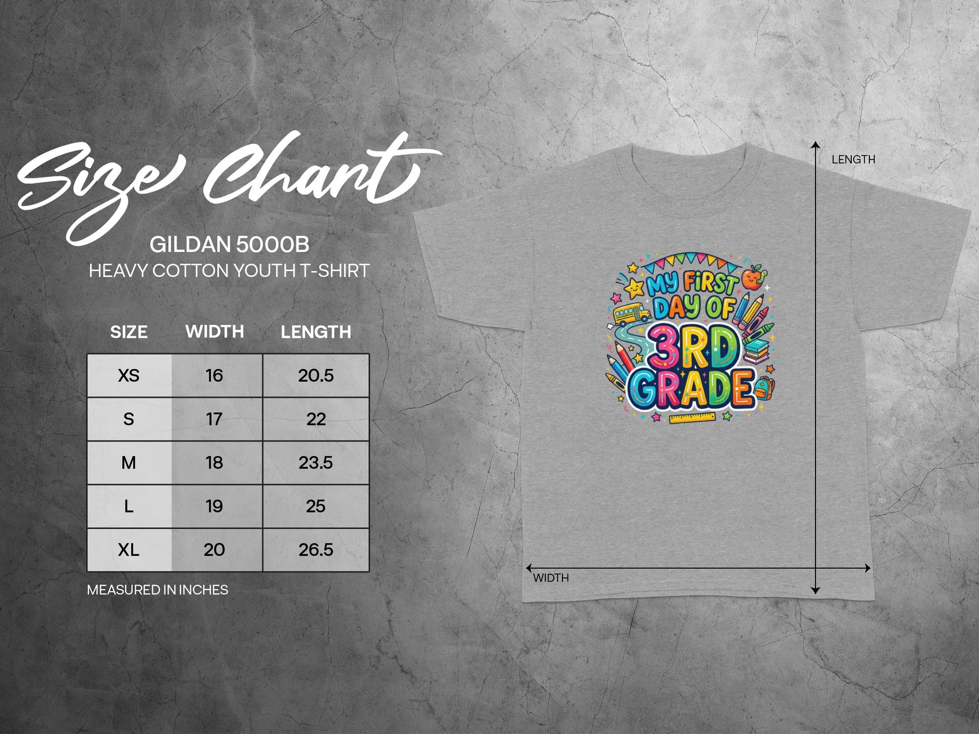Gildan 5000B youth t-shirt size chart and "My First Day of 3rd Grade" graphic.
