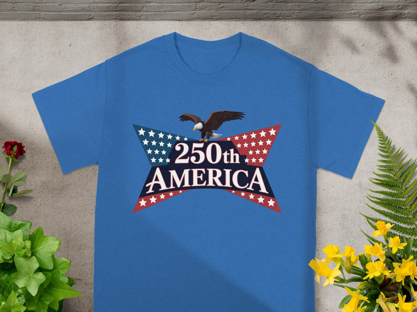 Blue t-shirt with "250th AMERICA" and patriotic star design.