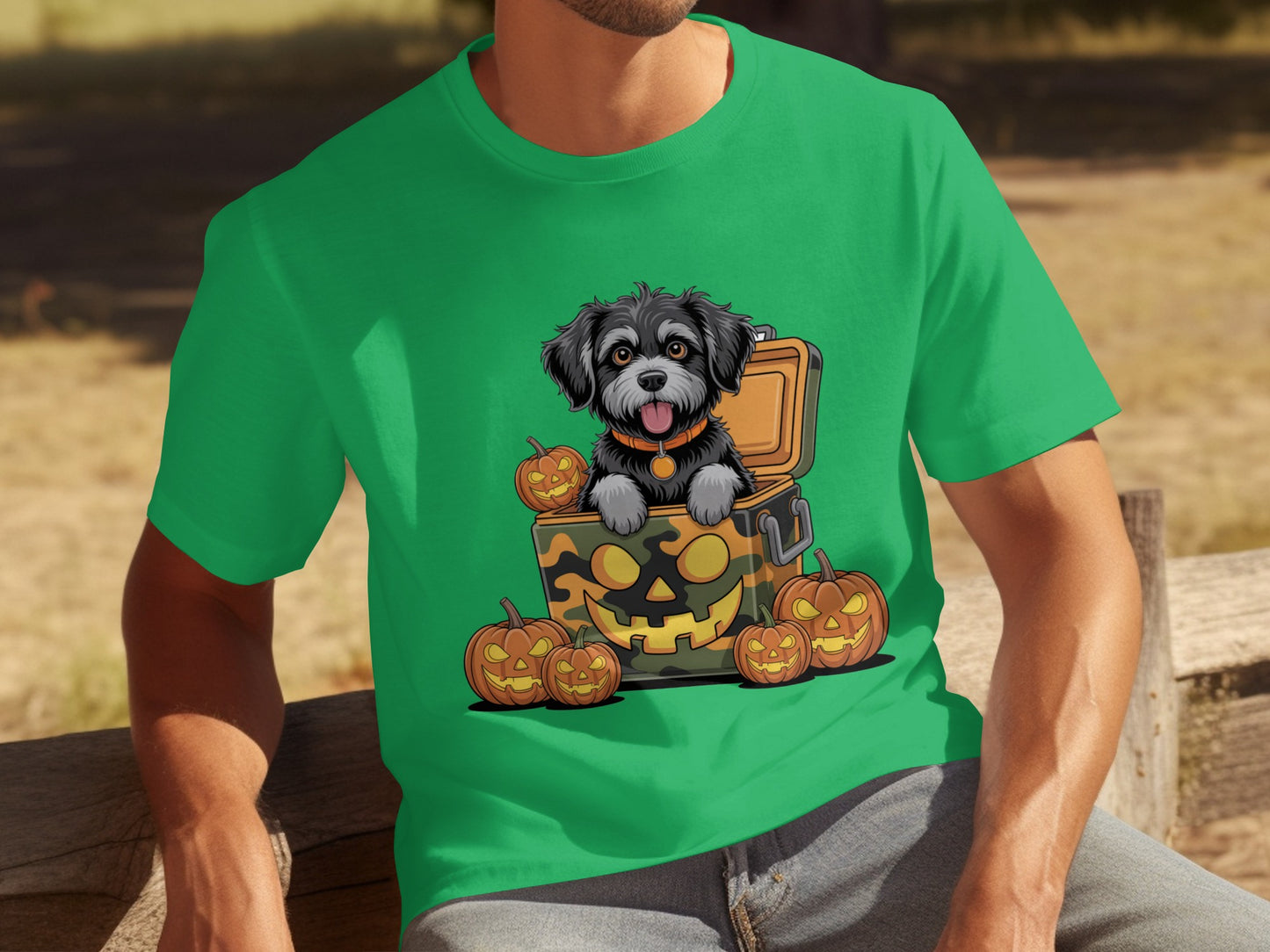 Cute Halloween Dog with Pumpkins Green T-shirt