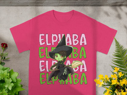 Pink t-shirt with Elphaba the witch graphic and green text.