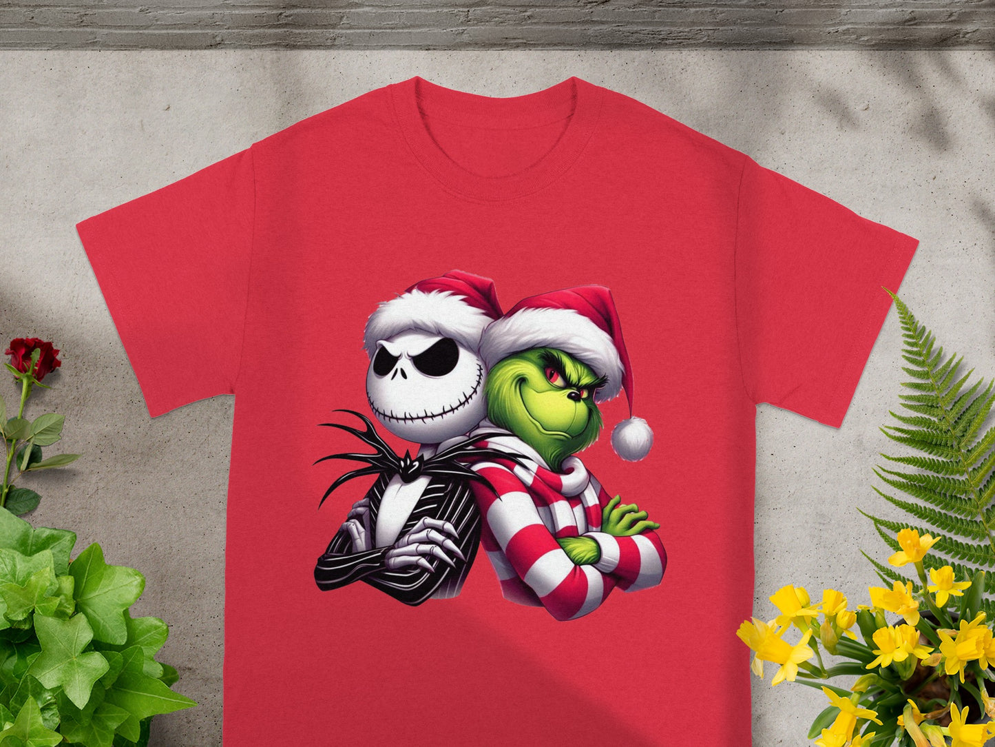 Jack Skellington and the Grinch wearing Santa hats and crossed arms.