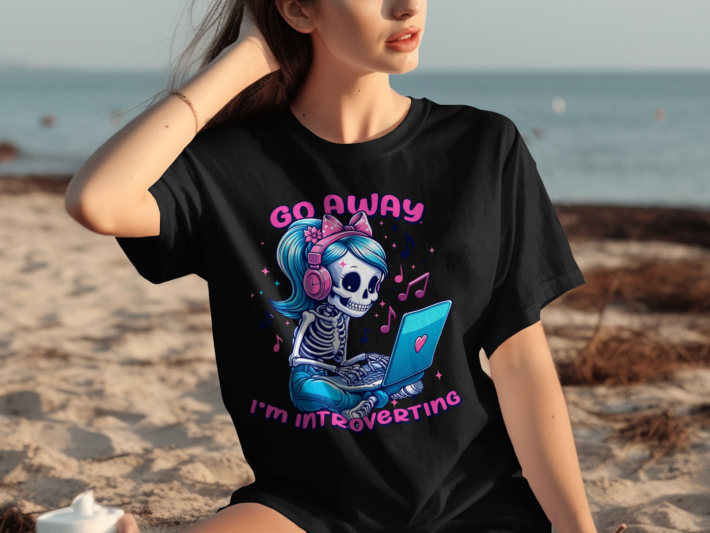 Go Away I'm Introverting Skeleton with Laptop T-Shirt