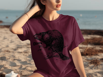 Stylish Graphic Tee with 'Dam it.' Beaver Illustration