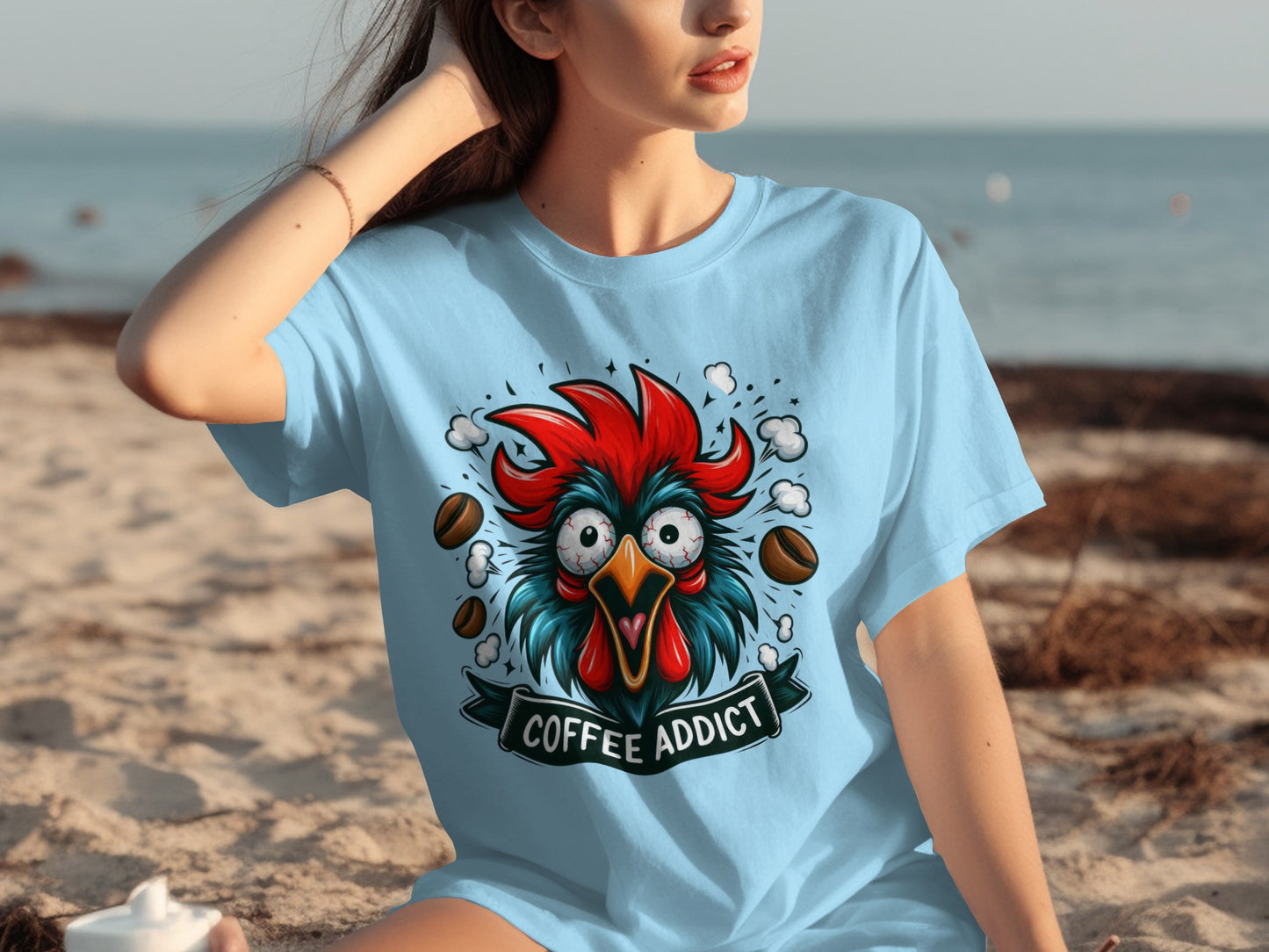 Funny Coffee Addict Rooster Graphic T-Shirt for Coffee Lovers
