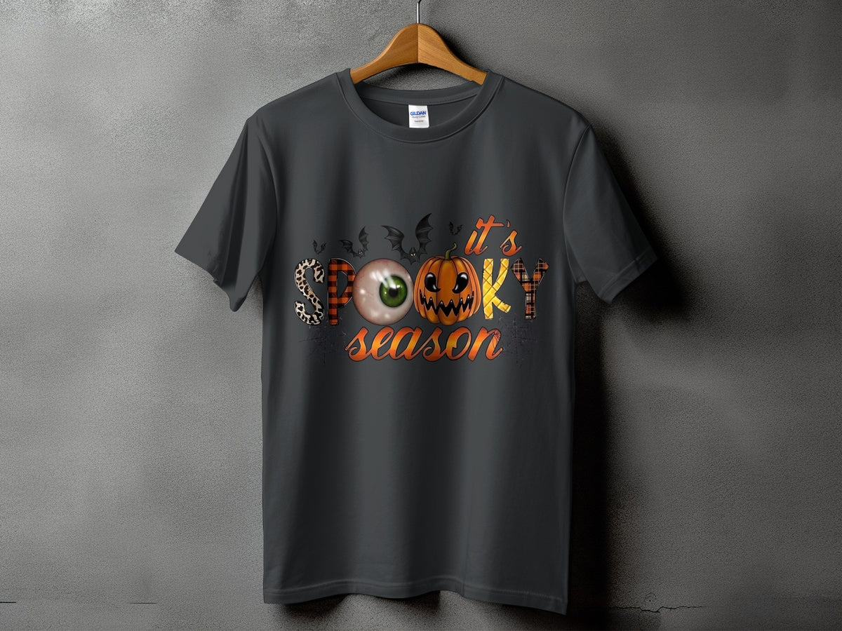 Dark grey t-shirt with "it's SPOOKY season" graphic featuring a pumpkin and eyeball.