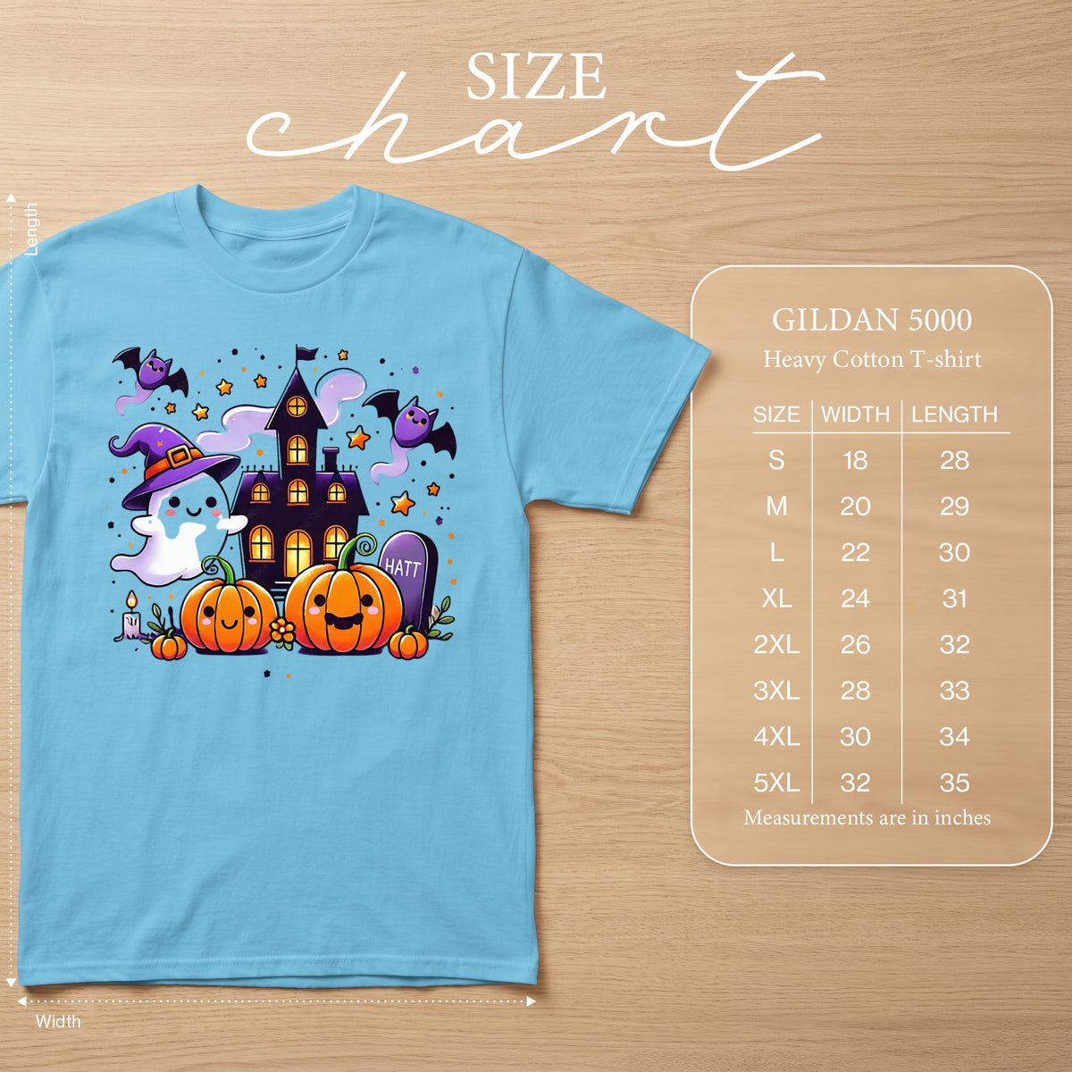 Light blue Gildan 5000 t-shirt with Halloween graphic and size chart.