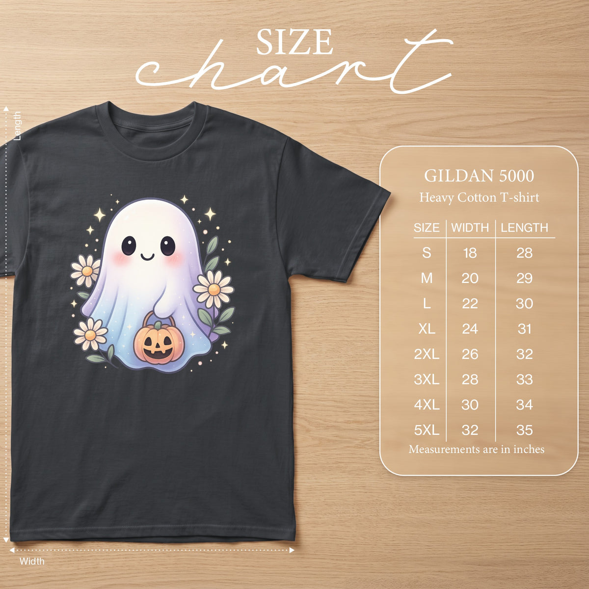 Gildan 5000 Heavy Cotton T-shirt size chart with cartoon ghost design.