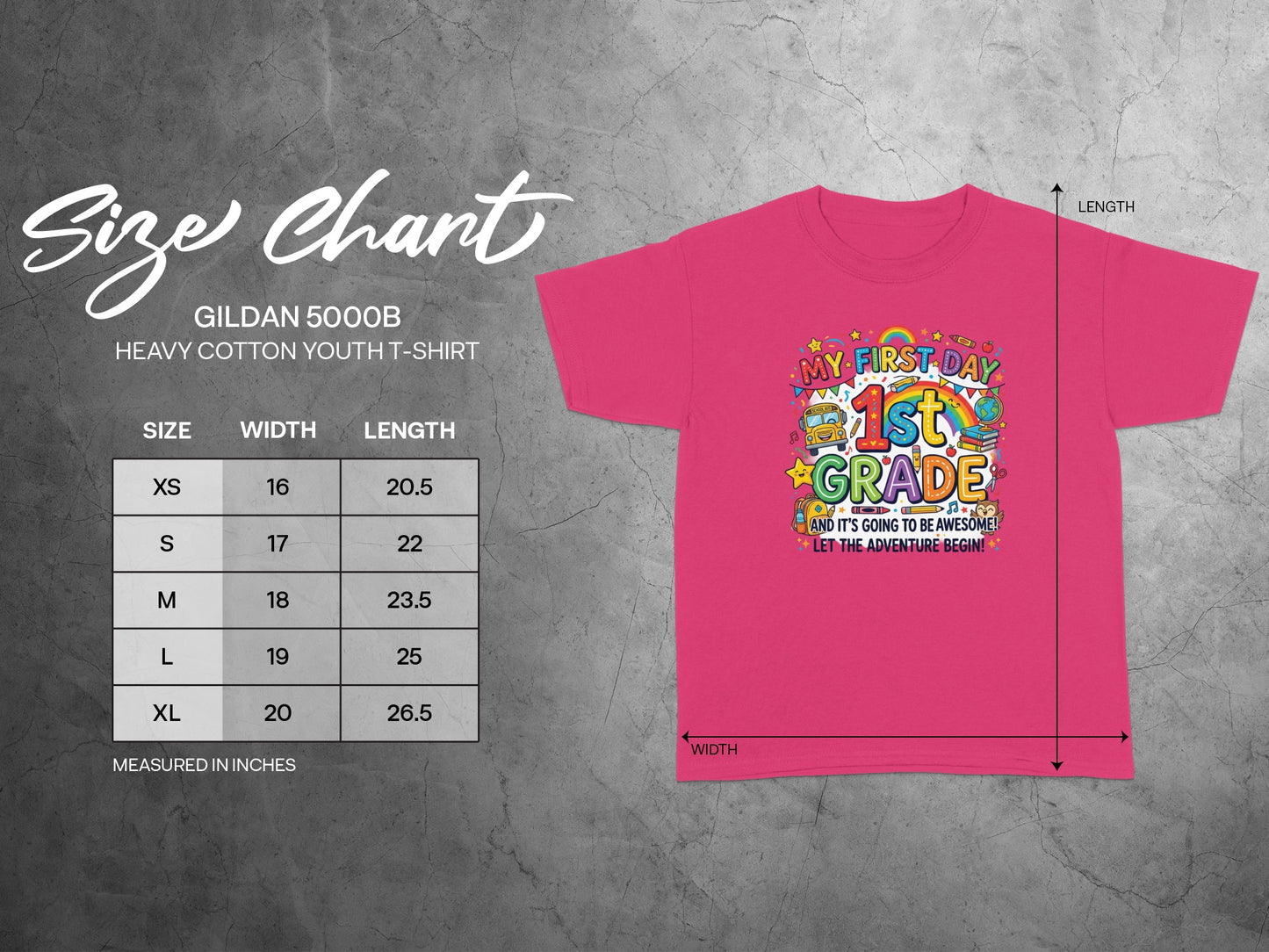 Gildan 5000B youth t-shirt size chart with width and length measurements.