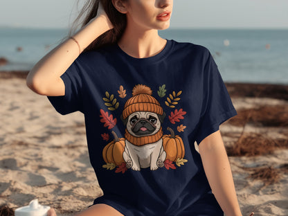 Cute Pug in Beanie with Pumpkins Autumn T-shirt
