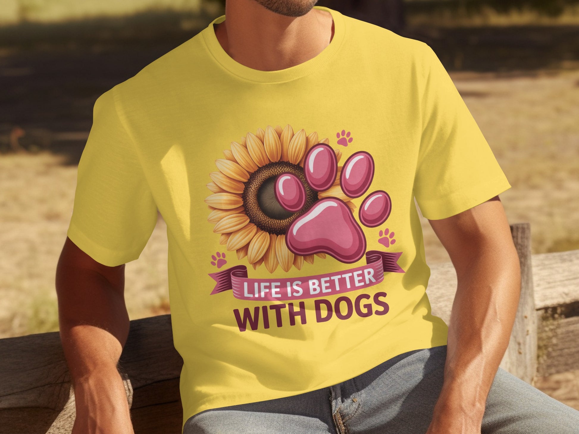 Life Is Better With Dogs Sunflower Paw Print T-shirt