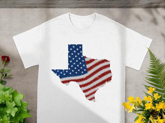 White t-shirt with Texas outline filled with glitter American flag design.