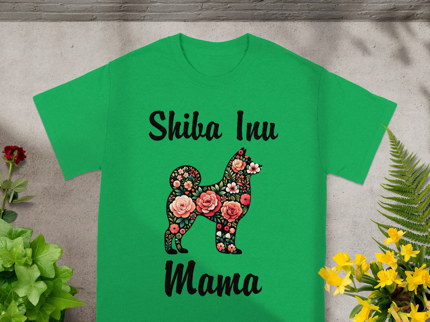 Green t-shirt with "Shiba Inu Mama" text and floral Shiba Inu silhouette.