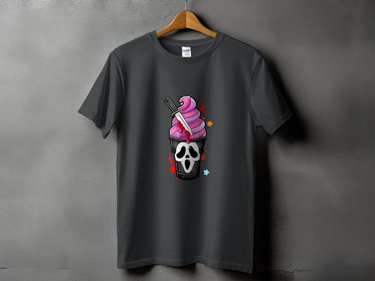 Dark t-shirt with a graphic of a screaming ghost face cup with pink ice cream and a knife.