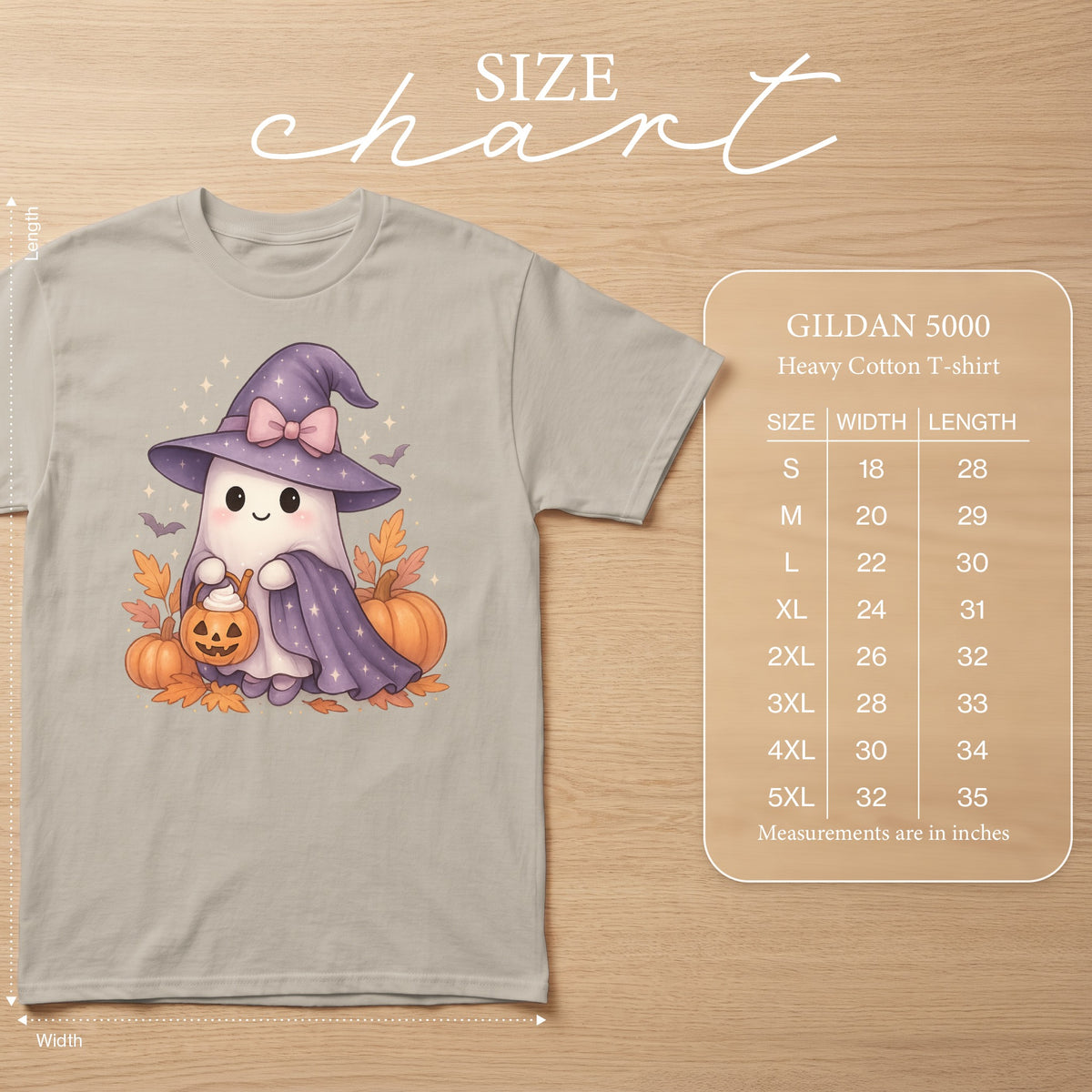 Gildan 5000 Heavy Cotton T-shirt size chart with ghost graphic and measurements.