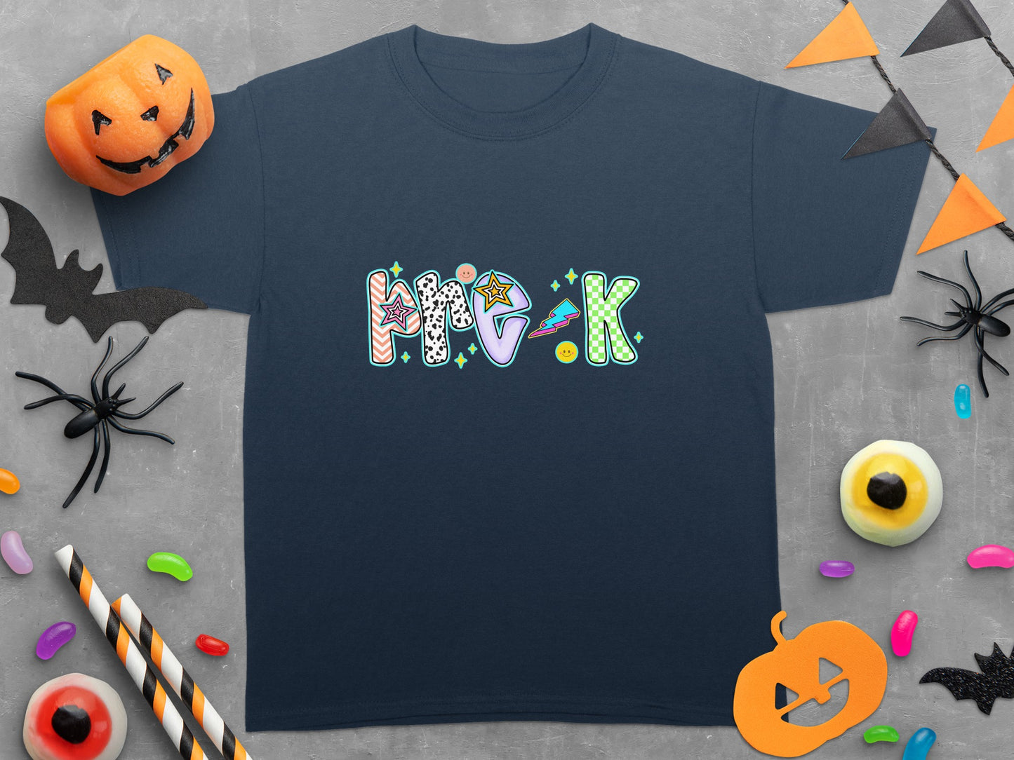 Navy t-shirt with "Pre-K" text in colorful, patterned letters.