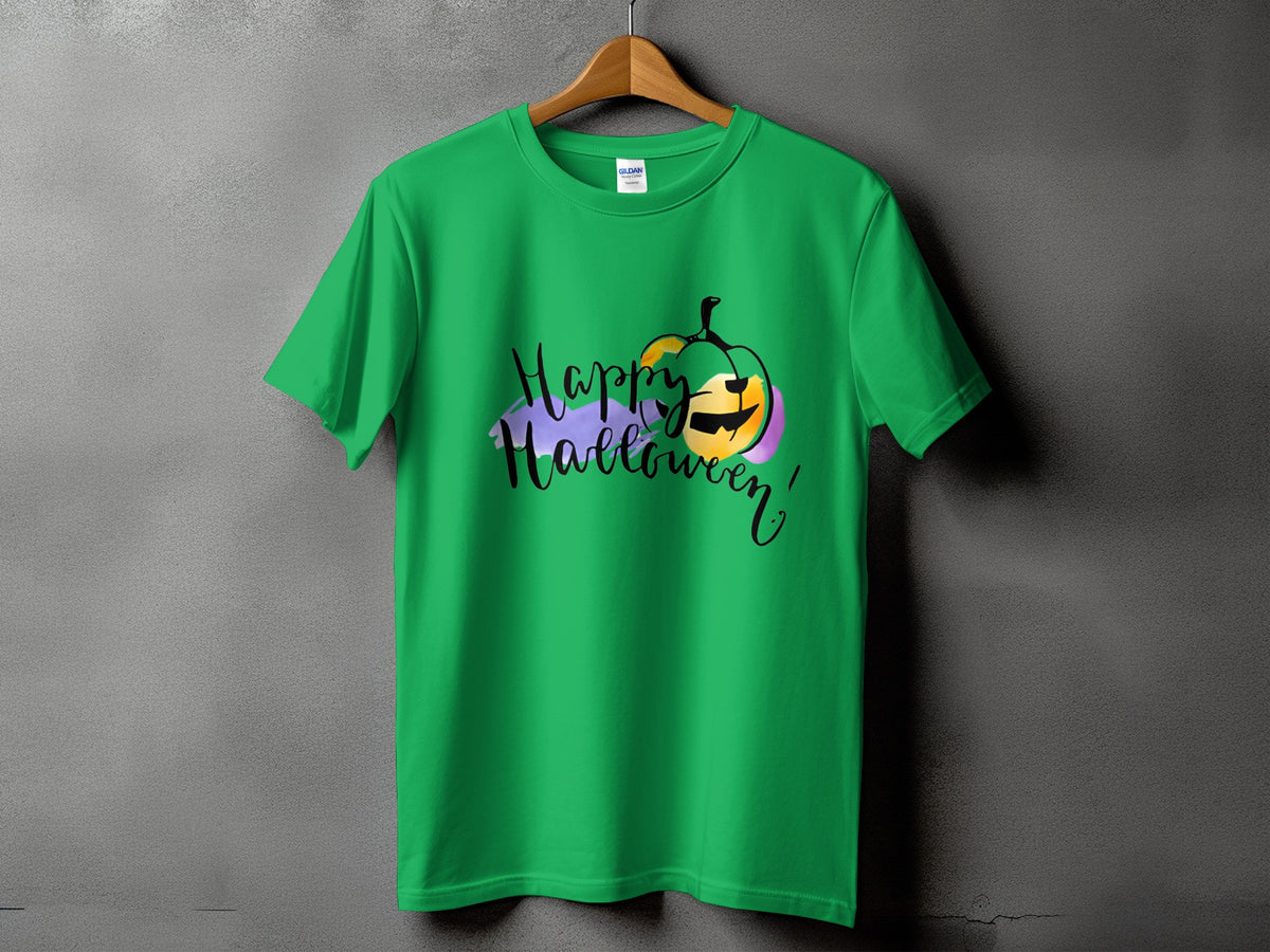 Green t-shirt with a "Happy Halloween" graphic featuring a stylized pumpkin.