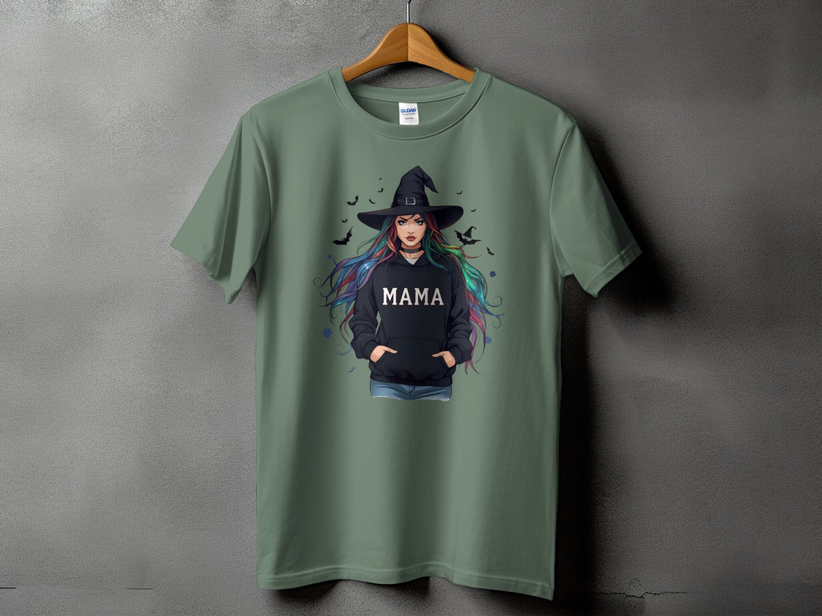 T-shirt graphic of a witch with "Mama" text on her hoodie, surrounded by bats.