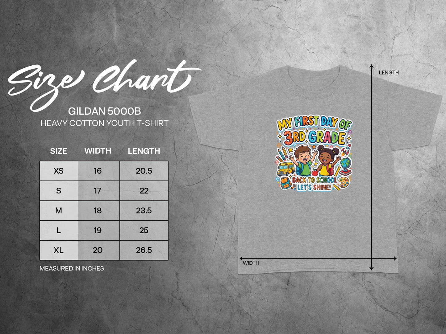 Gildan 5000B youth t-shirt size chart with "My First Day of 3rd Grade" graphic.