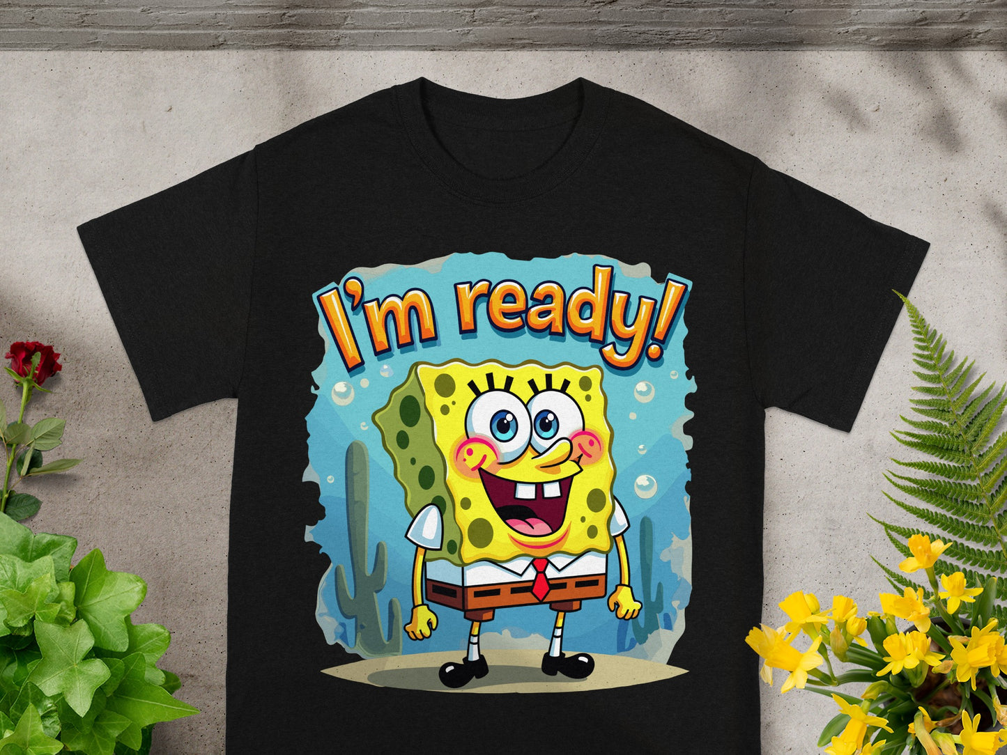 Black t-shirt with Spongebob Squarepants graphic saying "I'm ready!"