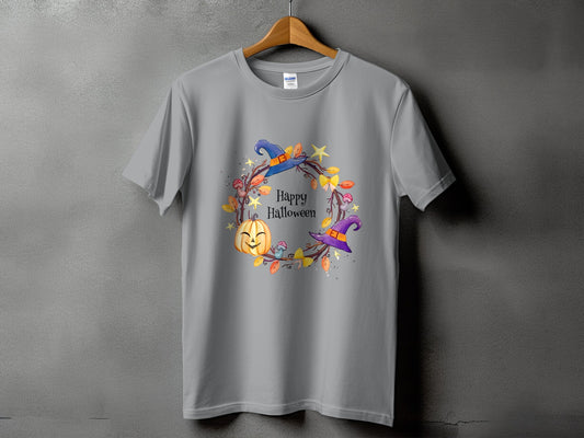 Grey t-shirt with "Happy Halloween" text and a pumpkin, witch hats, and leaves design.