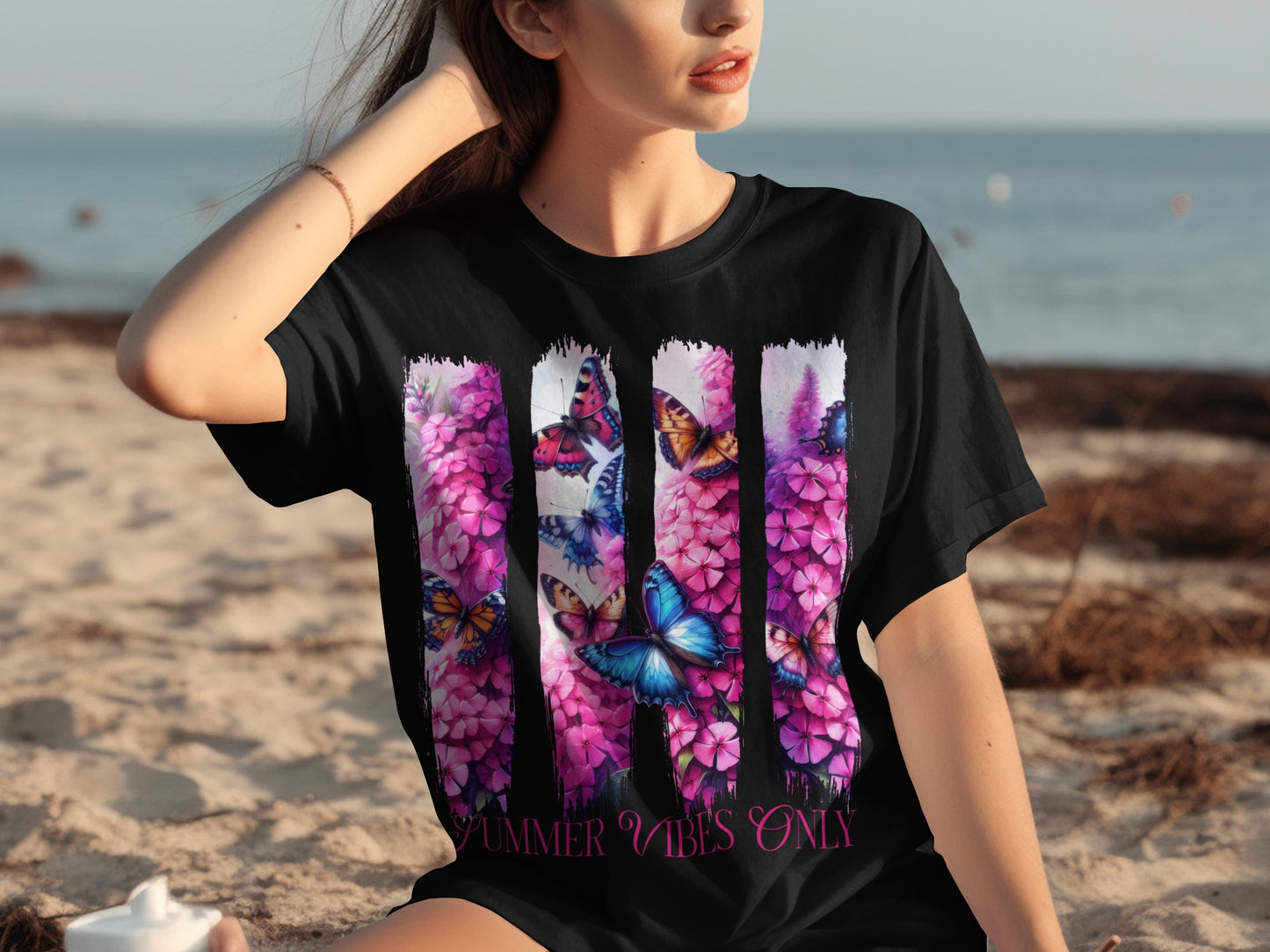 Summer Vibes Only Flowers Butterflies Graphic Tee