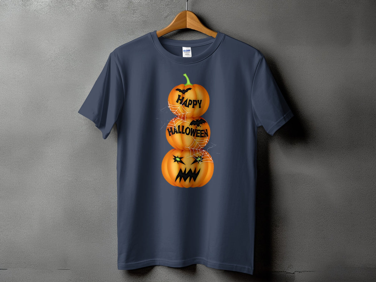 Dark blue t-shirt with stacked jack-o'-lanterns saying "HAPPY HALLOWEEN"