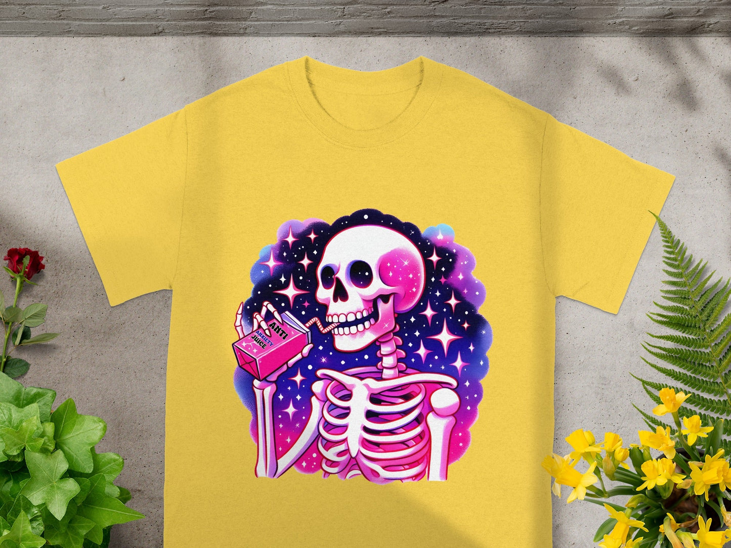 Skeleton Drinking Juice with Stars Graphic T-Shirt