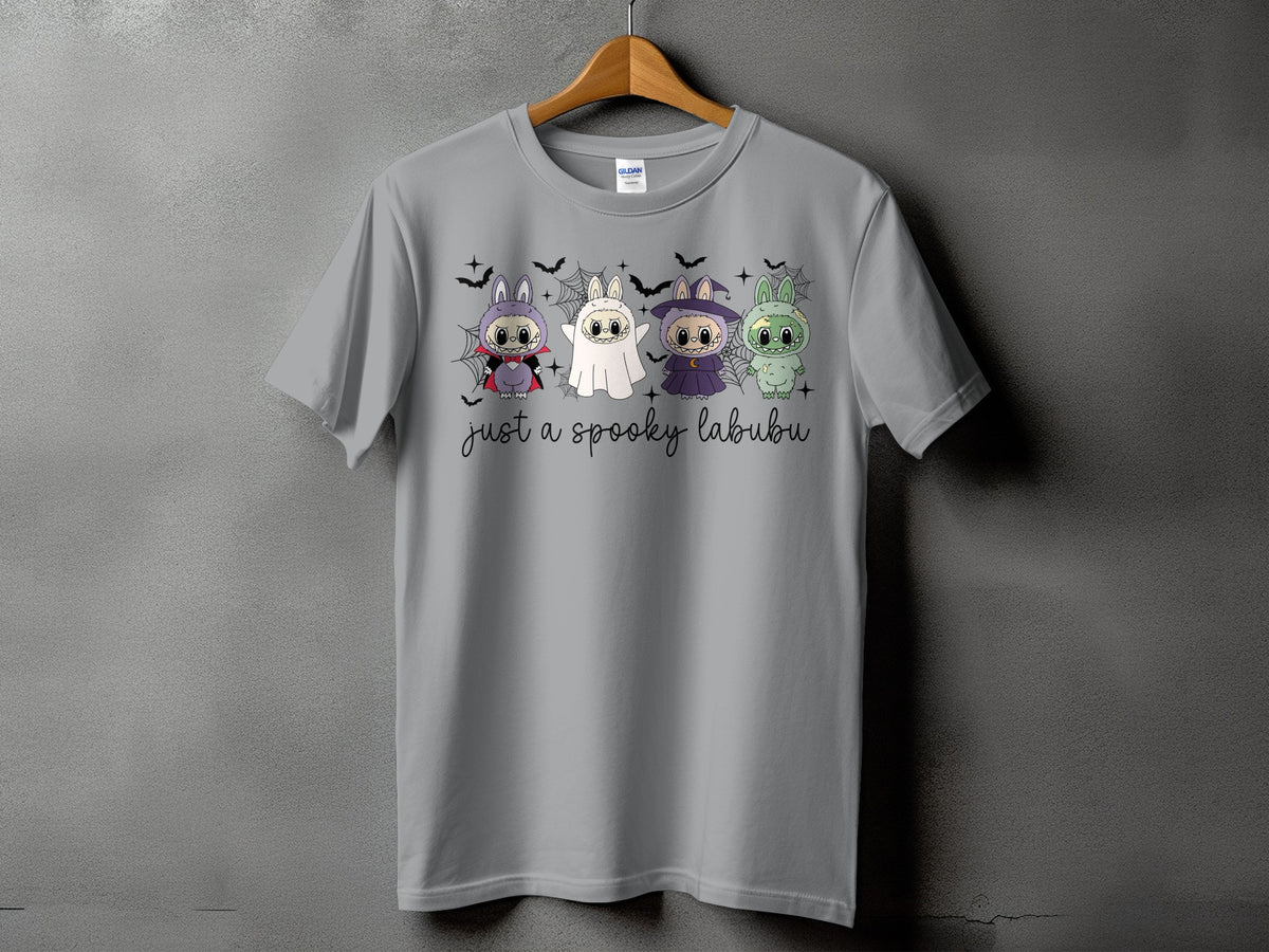 Gray t-shirt with four Halloween-themed Labubu characters and text "just a spooky labubu".