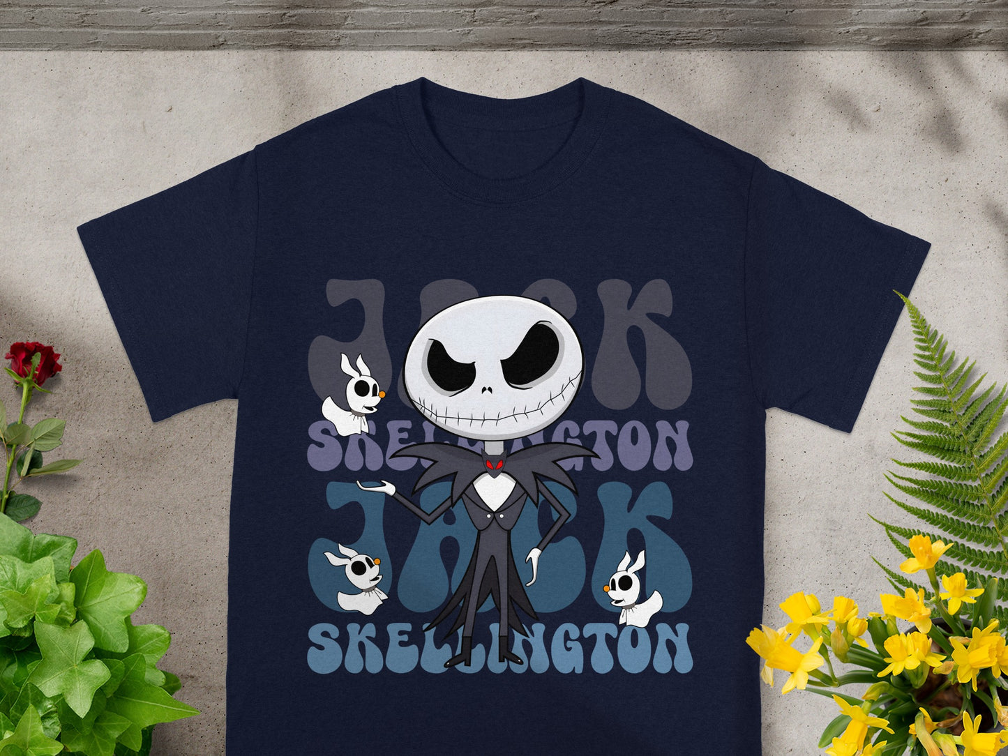 Navy t-shirt with "Jack Skellington" text and cartoon characters.