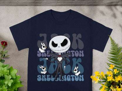 Navy t-shirt with "Jack Skellington" text and cartoon characters.