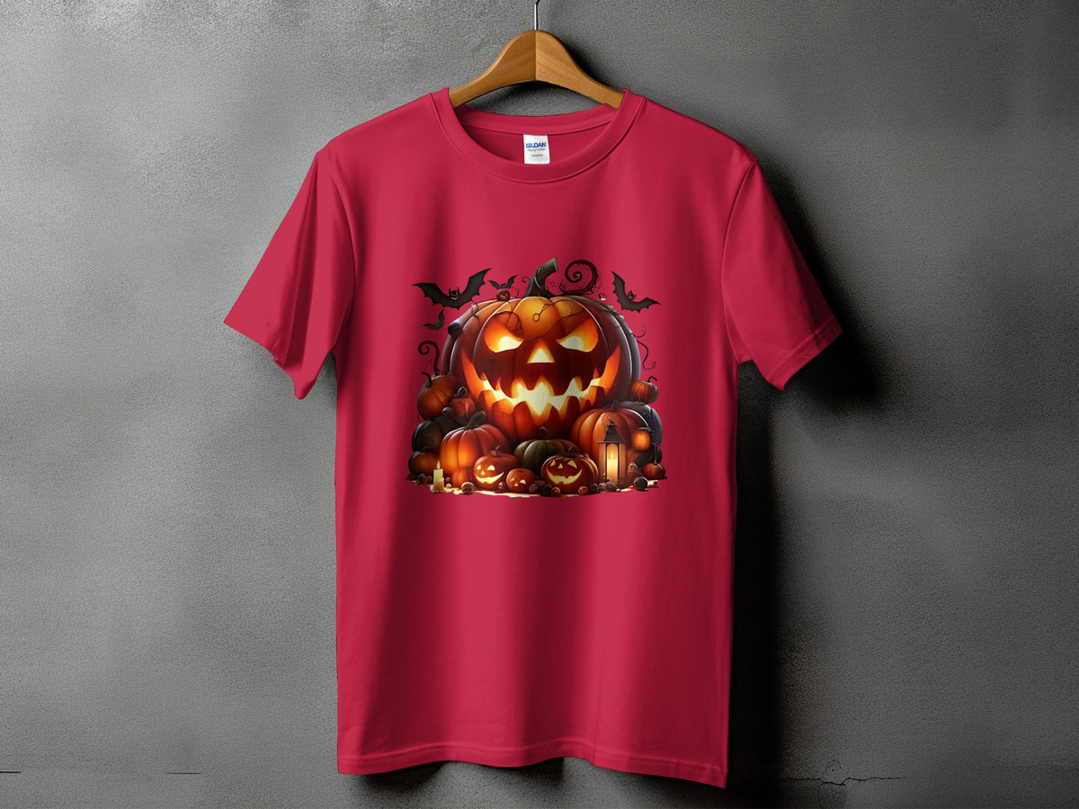 Red t-shirt with a Halloween graphic of carved pumpkins, bats, and candles.