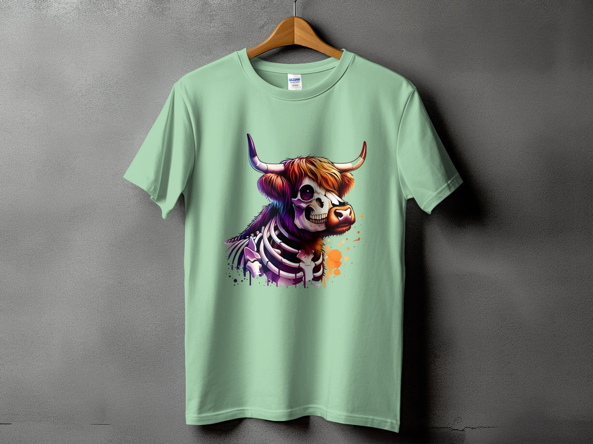 Mint green t-shirt with a colorful skeleton cow graphic and paint splatters.