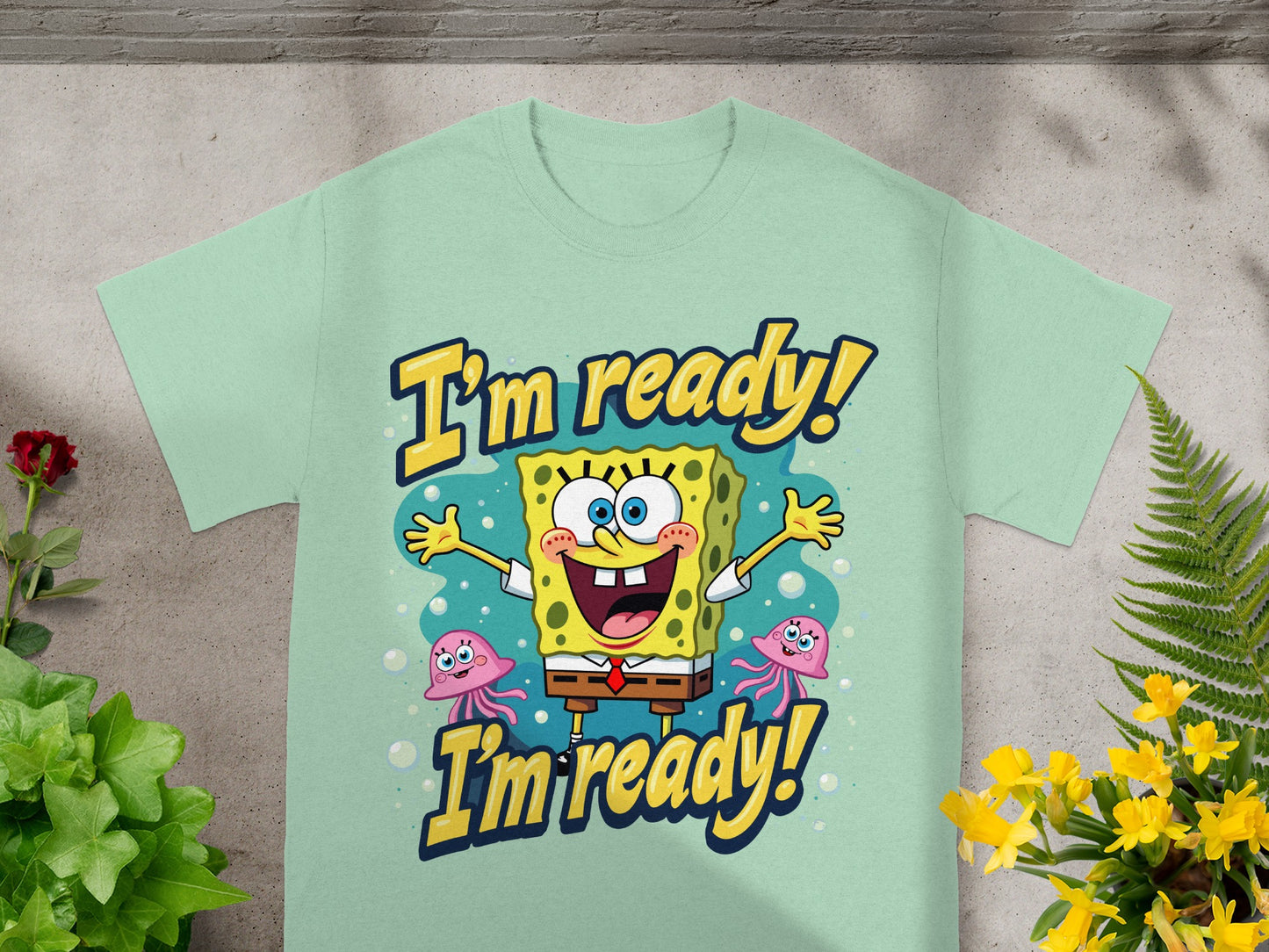 SpongeBob SquarePants with two jellyfish and the words "I'm ready!"