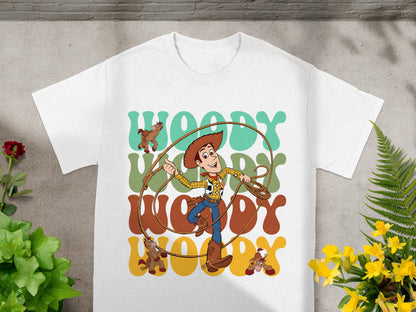 White t-shirt with Woody from Toy Story and "Woody" text.