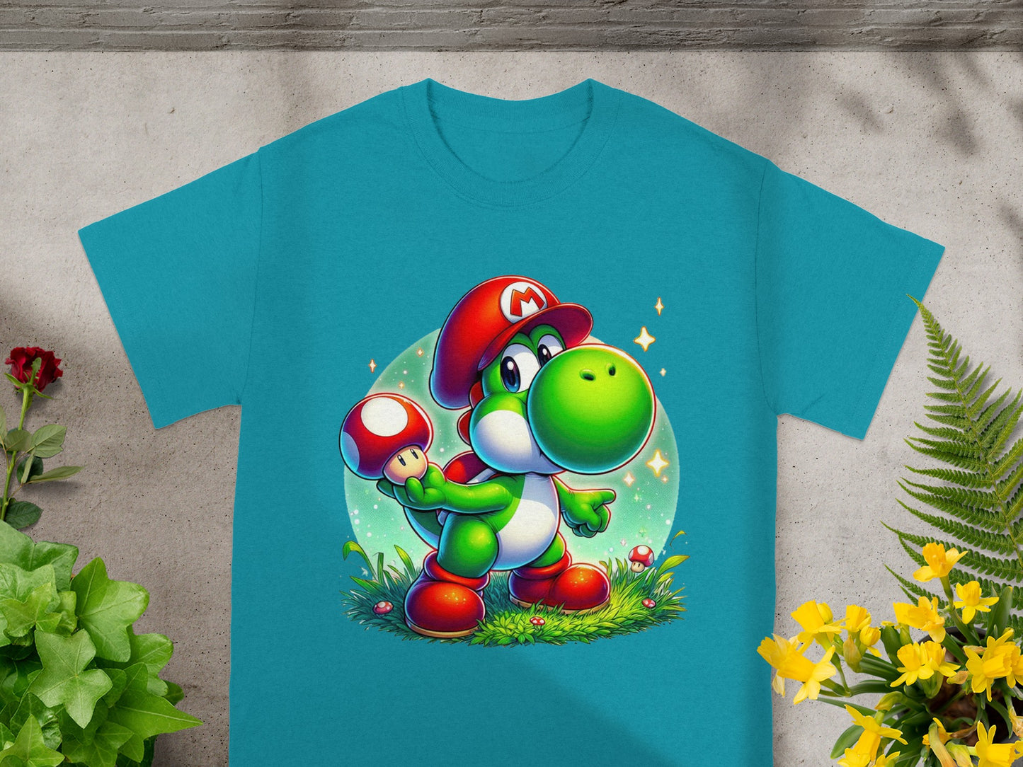 Turquoise t-shirt with Yoshi character holding a mushroom.